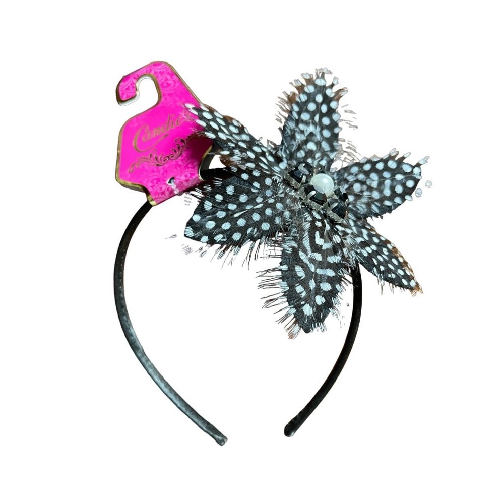 Candie's Headband Hair catcher Polka Dot Feather Flower Black Pearl Beaded Retro